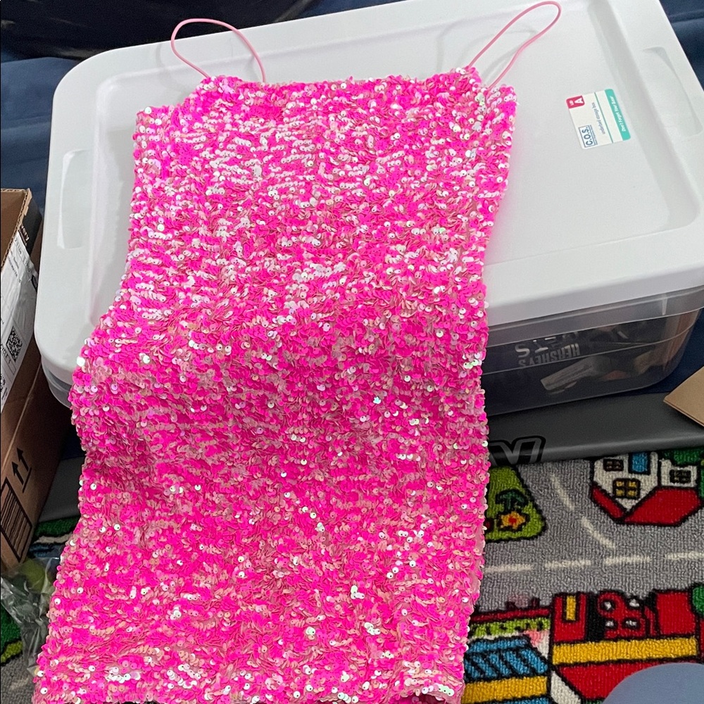 Pink sequin spaghetti strap dress